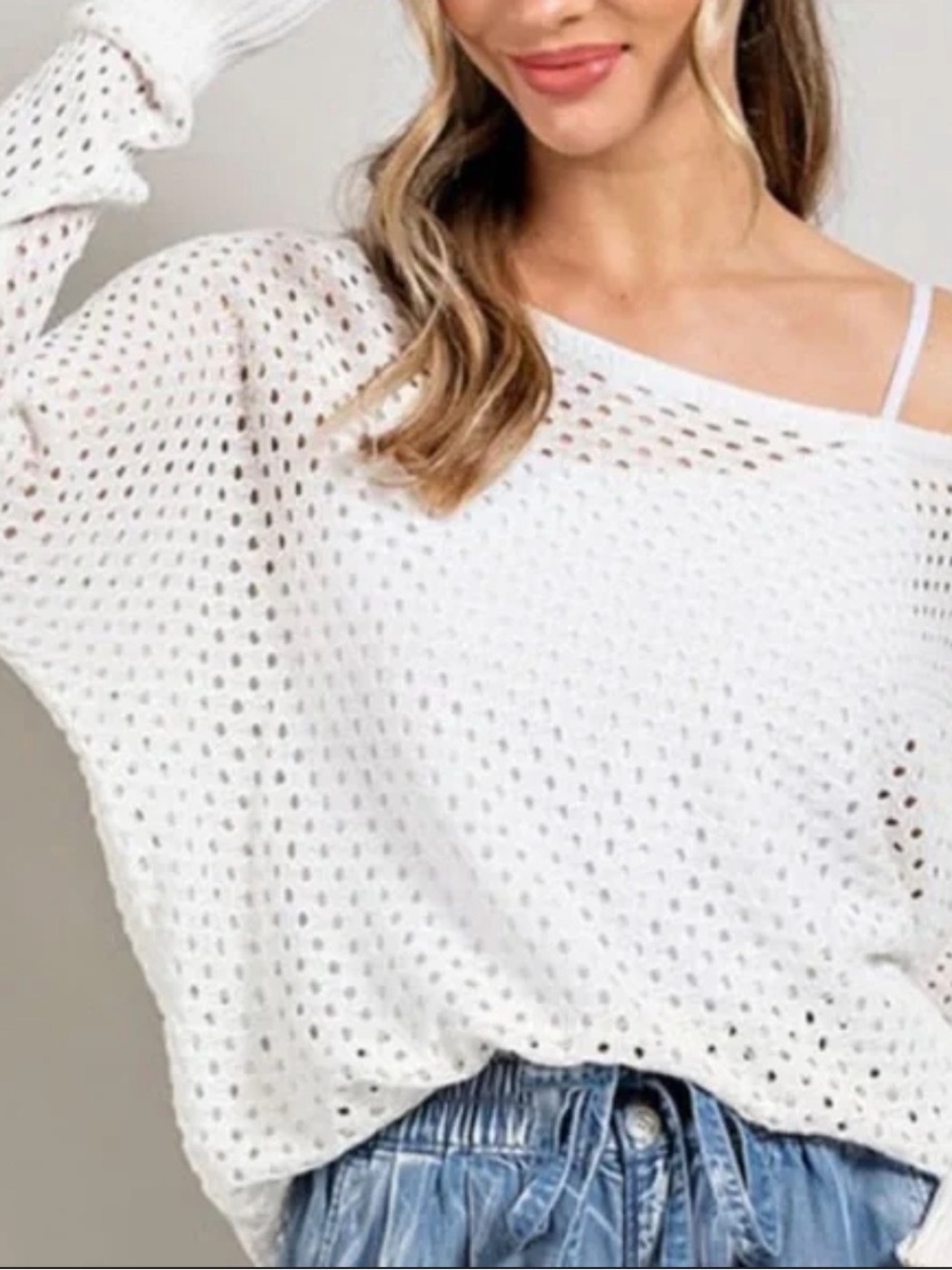 eesome White Open Knit Boatneck Sweater Top
